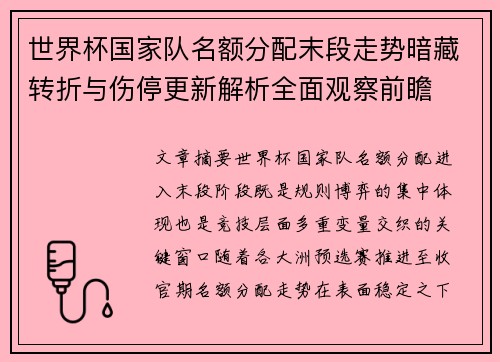 世界杯国家队名额分配末段走势暗藏转折与伤停更新解析全面观察前瞻